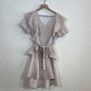 Jessakae Women’s Striped Brown White Striped Elegant Cream Ruffle Dress Large